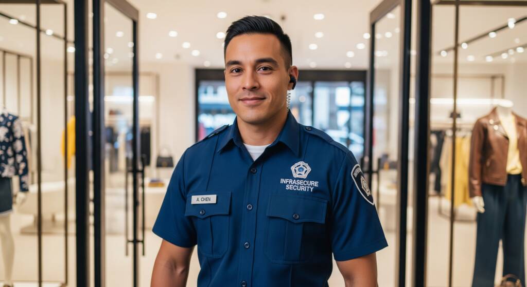 An Infrasecure Security guard providing on-site uniformed security at the entrance of a retail business