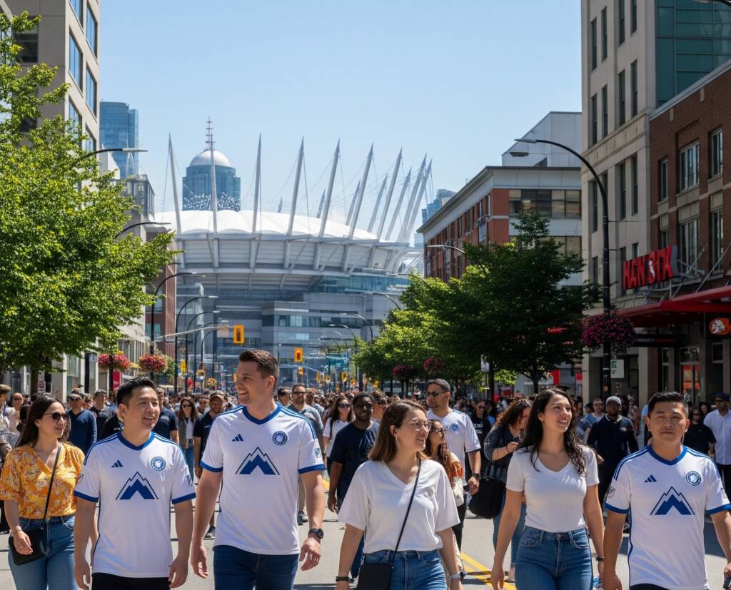 A bustling Vancouver street with crowds and BC Place in the background, representing business security during FIFA 2026
