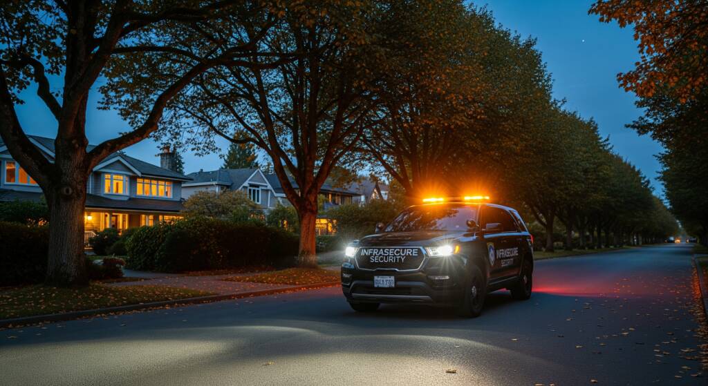 An Infrasecure Security mobile patrol vehicle providing residential security services in a Victoria, BC neighbourhood.