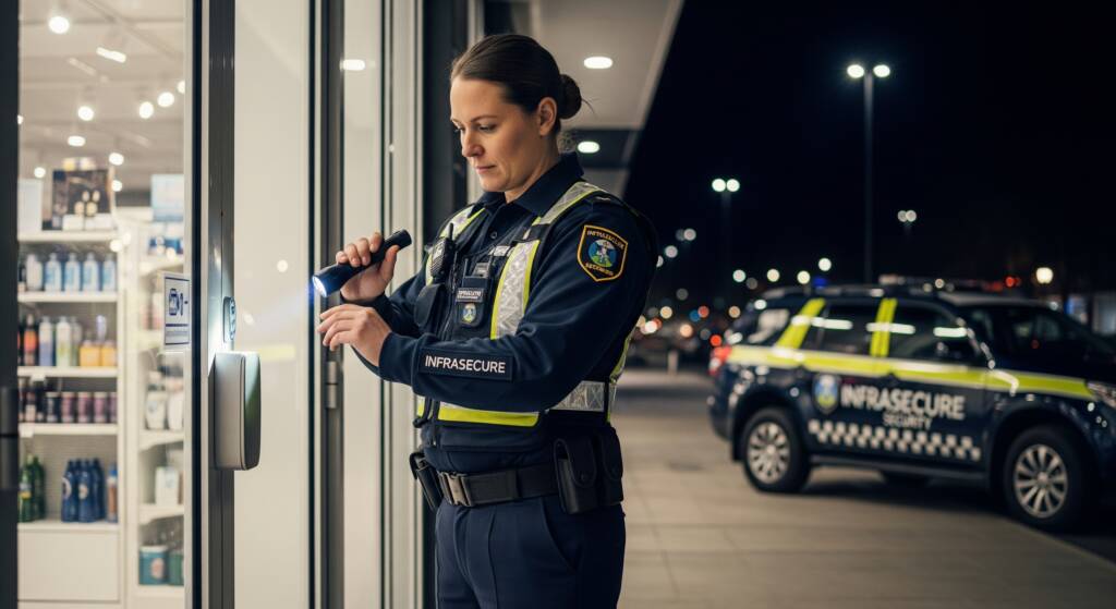 A uniformed Infrasecure guard performing a physical door check at a commercial property in Victoria, BC.
