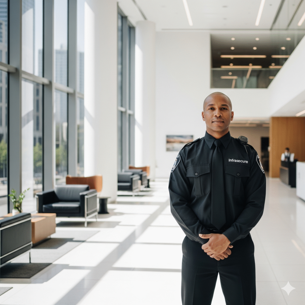An Infrasecure uniformed security guard providing professional on-site security in a modern business lobby