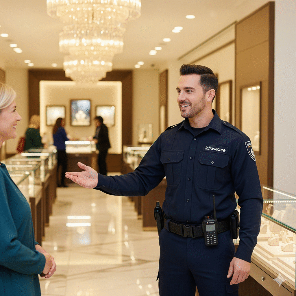 An Infrasecure security guard acting as a brand ambassador by assisting a customer in a retail store