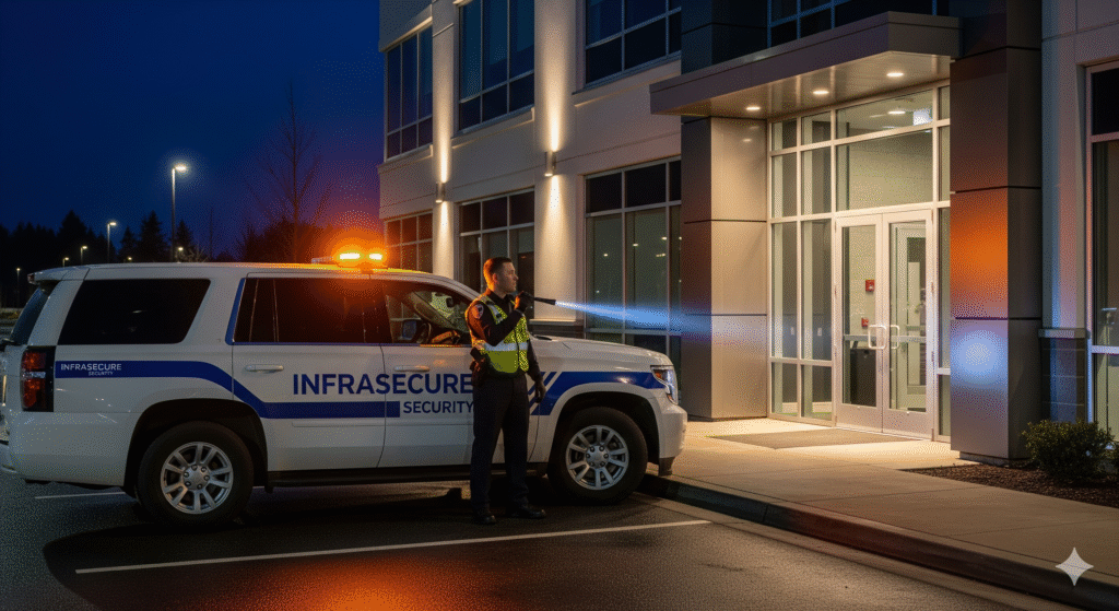 An Infrasecure Mobile Patrol guard securing a commercial property in British Columbia at night