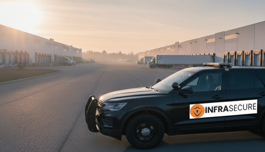 An Infrasecure mobile patrol vehicle providing essential after-hours security for a Surrey industrial park.