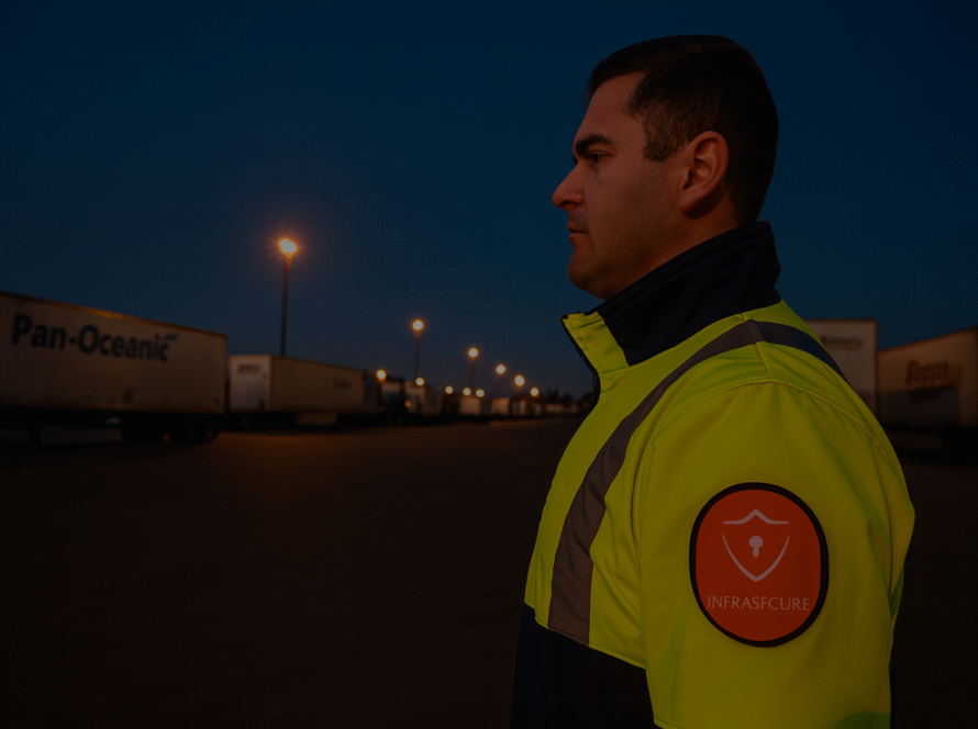 An Infrasecure security guard providing expert truck yard security at a logistics facility in Surrey, BC.
