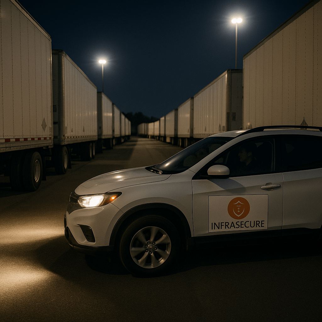 An Infrasecure mobile patrol providing after-hours security to prevent cargo theft in a Surrey truck yard.