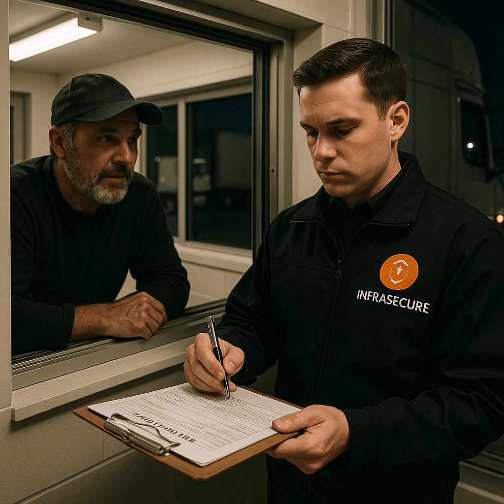 An Infrasecure on-site guard managing secure gate access at a truck yard in Surrey, BC.