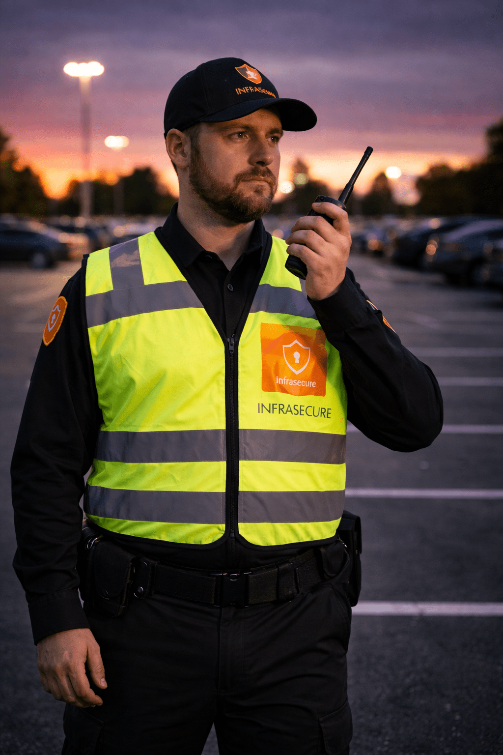 Uniformed security guard providing safety in a Burnaby parking lot.