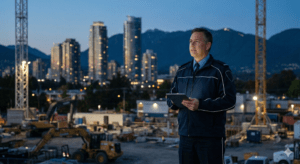 Uniformed security guard checking gate access at a commercial development site in Burnaby.